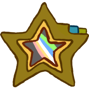 a star shaped folder with a yellow inside and darker yellow green ish outside with a tab of the same colour, with a star with the disability pride flag